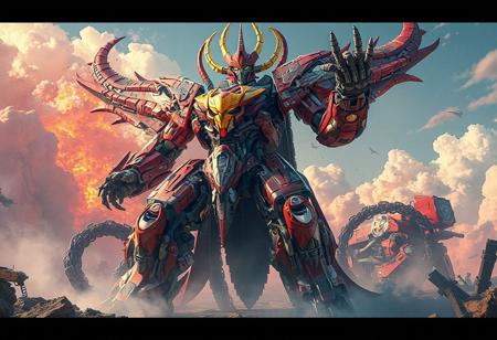 epic details, full body"Create a high-quality, dynamic 4K artwork of a Chaos King Archfiend robot on a Gravity Collapse, a full body portrait of a zentaur, and a full body red mech in the style of guo hua. Include massive construction machines and an epic, intricate abstract upper body. Merge Akira and Bumblebee in a transforming figurine in the background. Implement vivid colors, stunning details, and a harmonious composition. Aim for a trending, award-winning piece on Artstation, inspired by Makoto Shinkai, Stanley Artgerm Lau, and other top artists."