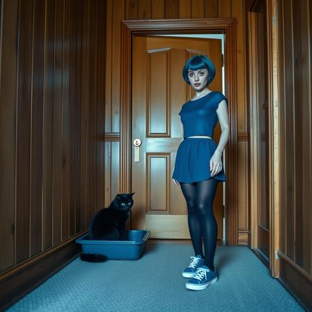 high quality, 8K Ultra HD. in the corner of a wood panelled room a black cat sits in its litter tray, watch by woman with short blue hair stands at the front door, she is wearing a blue crop top, blue mini skirt, black stockings and blue sneakers., she has a look of shock on her face, along shot, deep focus, eye level view