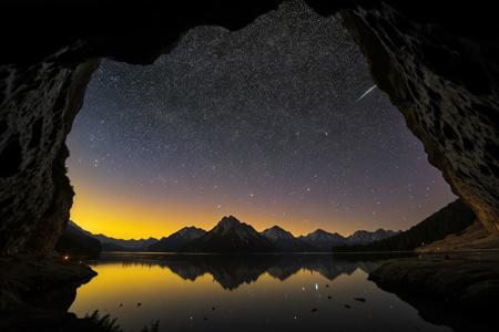 A rain of comets seen at a nightsky from inside a cave with a lake