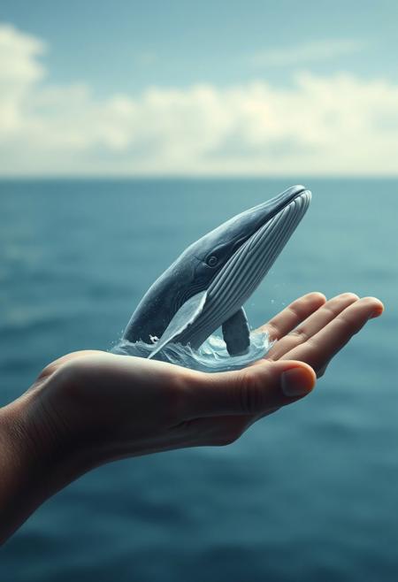 surreal   ,  a whale emerges from the palm of the hand