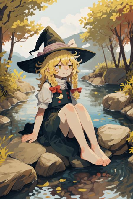 kirisame marisa, blonde hair, witch hat, yellow eyes, side braid, superb, looking up, half-closed eyes, relaxed, sitting on a rock beside a stream, barefoot, shoes removed, nature, outdoors, complimentary colors