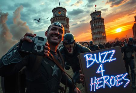 Marvel icons, Captain America and Venom, are caught in a high-energy selfie in front of the Leaning Tower of Pisa during an intense, action-packed moment. Captain America, with his iconic shield strapped to his back, holds a vintage Kodak MC3 camera, perfectly capturing the scene. Venom strikes a chaotic pose, his tendrils playfully wrapped around Cap, as they both grin for the shot. In the background, a massive Sion army emerges from swirling dust clouds, their dark, futuristic armor reflecting the dim light of the setting sun, which casts dramatic shadows over the Leaning Tower of Pisa.
In the foreground, a neon, graffiti-styled cardboard sign reads ‘BUZZ 4 HEROES,’ glowing with holographic effects, as if the moment were part of a larger, dangerous mission. The tower leans ominously under a fiery sunset sky, while the Sion army advances, adding a sense of impending danger to this wild yet thrilling superhero adventure frozen in time