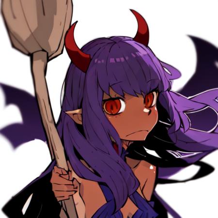 dowman sayman,   <lora:dowman_sayman_lora-30:1>, 1girl, (demon girl: 5), (horns), (red skin: 5), magician, solo, flying, broom, magic, spells, robe, horns, fire, magic energy, clothes, purple hair, colored hair, mature, colored skin