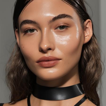 Portrait photo of a woman with wet-looking lips wearing a tight thin leather choker and lip-gloss, Nikon Z9, realistic matte skin, skin texture visible, (sharp focus), (high quality)