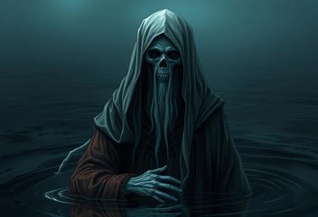 Illustrate a sinister water ghost in ancient attire, set against a dark water backdrop, showcasing the fears and despair of death.  8k