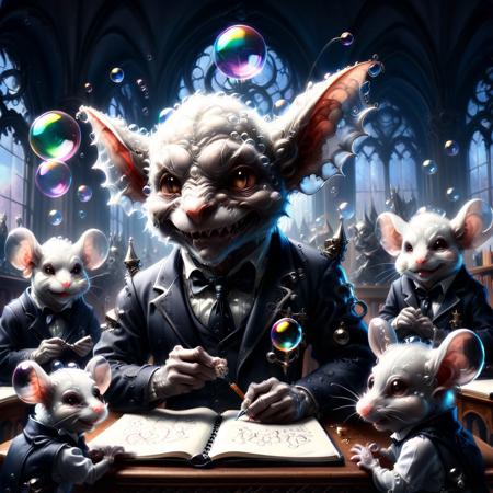 Highly stylized digital painting, a classroom where gothic gargoyles blow soap bubbles that become planets, with a class of mice in Victorian school uniforms taking notes, pun: “The Bubbliverse Explained”