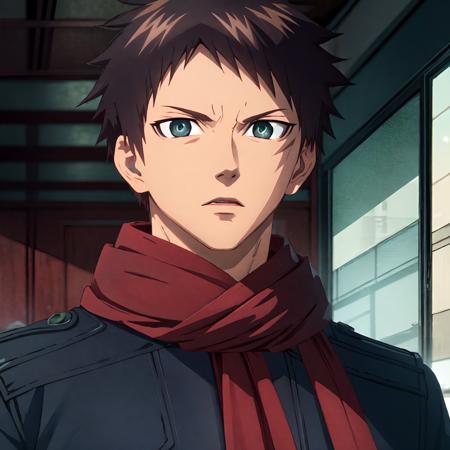 kunato hyouma\(mononogatari\), solo, looking at viewer, green eyes, blue eyes, brown hair, 1boy, male focus, black coat, (close-up), red scarf