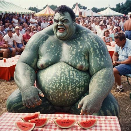 A stunning impactful action documentary color photograph. a morbidly obese incredible hulk competing in the 1956 county fair Watermelon eating contest. cinematic still, Leica M3, Kodachrome, 28mm lens, Movie Still, Film Still, Cinematic, Cinematic Shot, Cinematic Lighting,