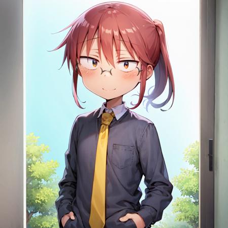 best quality, masterpiece, 1girl, solo, kobayashi \(maidragon\), upper body, smile, closed mouth, ponytail, glasses, red eyes, white shirt, red hair, collared shirt, pants, yellow tie, flat chest, shirt tucked in, hands in pockets, small hands, standing, sidelocks, straight-on, indoors, looking at viewer,