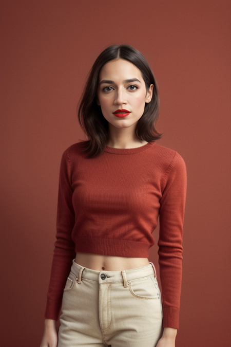 RepAOC, razored combover bob haircut, ((red lipstick)), ((slim, fit, lanky, coltish:1.3)), cashmere sweater, luxury, looking at viewer, Hasselblad H6D, 80mm portrait, natural lighting, oiled skin, perfect eye blush, slightly open mouth, long eye lashes, <lora:epiCRealismHelper:0.2>, <lora:hairdetailer:0.3>, ((basic red backdrop:1.3)), detailed skin texture, (blush:0.5), (goosebumps:0.5), subsurface scattering, RAW candid cinema, 16mm, color graded portra 400 film, remarkable color, ultra realistic, textured skin, remarkable detailed pupils, realistic dull skin noise, visible skin detail, skin fuzz, dry skin, shot with cinematic camera