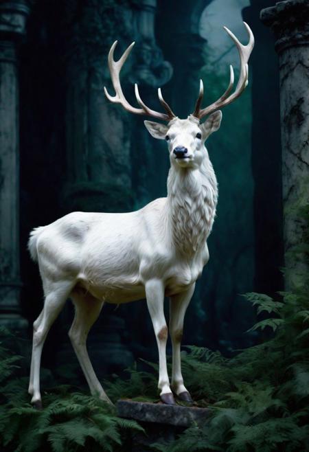 A regal white stag standing among ruins in dark mysterious forest , showcased as a Renaissance-style oil painting. The lighting is soft and natural, enhancing the rich greens and deep blacks of the scene, capturing a mysterious mood. In a style reminiscent of Titian. , 8k,