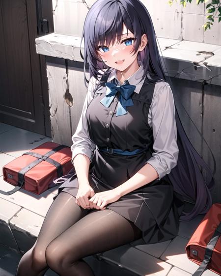 masterpiece, best quality, ultra-detailed, illustration, warm lighting, bright colors, 1girl,solo, long hair, very long hair, rosaria le friede,

black hair, blue eyes, black dress, black pantyhose,

school uniform, light smile, sitting, outdoors, t-shirt, casual wear,


 <lora:Rosa:0.60>