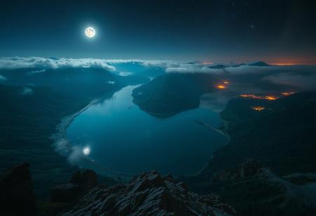 POV, on top of a mountain, looking down from mountain top, geological basin at the base of mountain, rivers leading to basin from mountains, basin surrounded by mountains, shore line, trees, clear blue water, cloud streams, mist over basin, at night, dark, moon, moon light, 3 small glowing orbs in air around basin, 3 small glowing orbs under water surface, stars, night sky, nebula, moons in sky, glowing in the forest, orange glow,