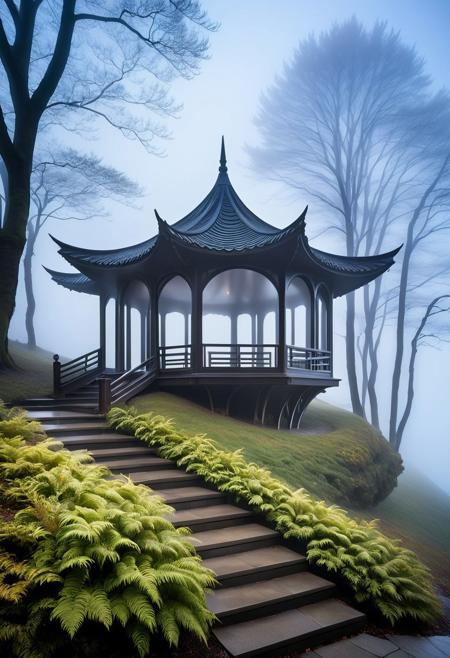 A sculpted pavilion on a foggy hillside holds the memory of wind and footsteps — its walls bathed in long exposure light, dissolving edges into atmospheric abstraction.
