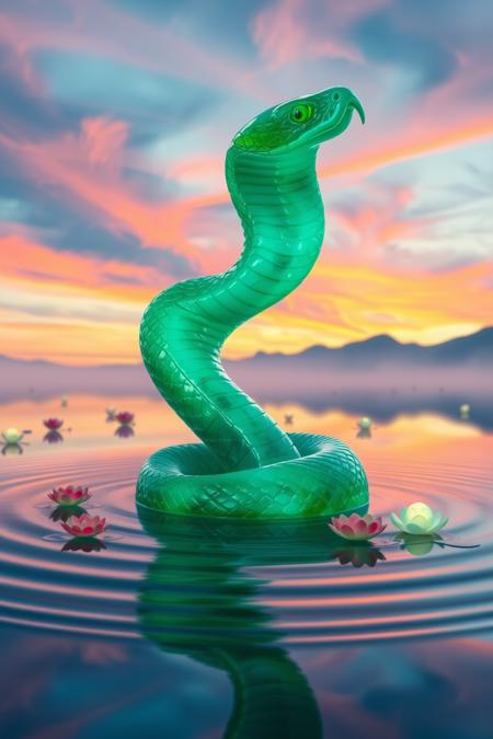 jade_snake. A surreal image of a jade snake rising gracefully from a still, mirror-like lake at dawn. Its body appears semi-translucent, glowing with green and aquamarine hues, as if sculpted from living jade. Ripples form around it, reflecting the snake’s shimmering body and a surreal, multicolored sky. The scene is otherworldly, with floating lotus flowers glowing faintly and distant mountains blending into the mist. The snake’s gaze is hypnotic, drawing the viewer into its ethereal world.