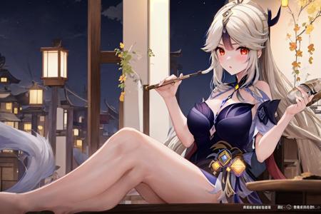 <lora:ningguang_alt:1>1girl, ningguang \(genshin impact\), night, smoking pipe