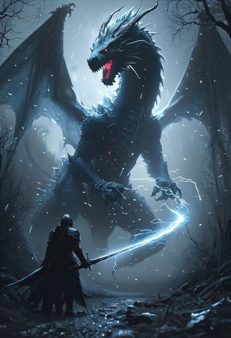 evil frozen dragon, realistic, In a cyberpunk-inspired realm, Theme: Futuristic, cyberpunk-inspired The Moon: A figure, walking through a dark, foggy forest, is haunted by ghostly apparitions. The background is the silhouette of a dragon emerges from the darkness, its form composed of the same vibrant energy. The entire scene is bathed in a contrast of deep blacks and brilliant frozen dragon, creating a dynamic and visually striking composition. Particles of light scatter through the air, adding to the mystical atmosphere. This digital illustration blends elements of anime artistry with futuristic aesthetics, resulting in a captivating image that radiates energy and intensity, snowing, ready for battle, holding sword, bright thunder, red fireflies lightning <lora:CyberRealistic_Negative-neg:1> <lora:patty_cake:1> <lora:detailed_notrigger:1>  <lora:XL_boss_battle:1>