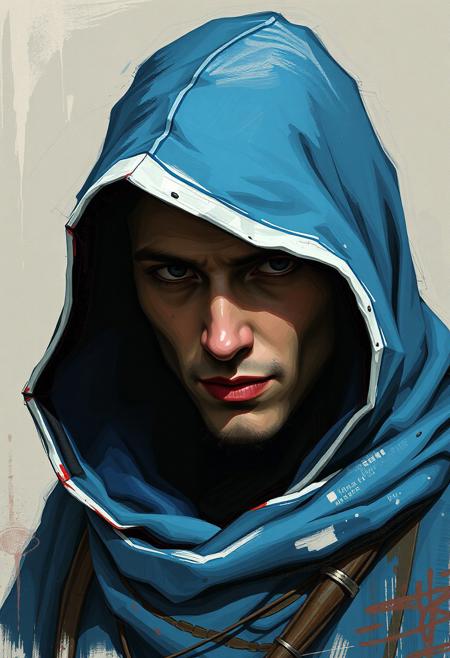 Hooded wizard, blue hood, white trim, rendered with bold, expressive smudges and unfinished strokes, art nouveau, painterly