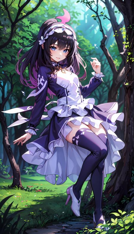purple and white dress long sleeves frills long hair purple hair purple legwear blue eyes headdress