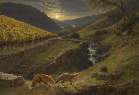 Claude Lorrain (golden hour), Vineyard on steep slate slopes, fox tracks in mud, clapper bridge over stream,grey heron stalking.,Art painting by Gustav Klimt and Takashi Murakami and Kay Sage, ,,
artstation trending, macro lens, volumetric light,
<lora:Illustration_Insanity:0.3>,
<lora:dreamshaperXL10_lora:0.7>,
<lora:extremely_detailed:0.3> extremely detailed,
<lora:DetailMaximizer:0.3>,, Surrealism art style, dreamlike and irrational imagery, explores the unconscious mind, juxtaposition of unlikely elements, challenges reality and logic