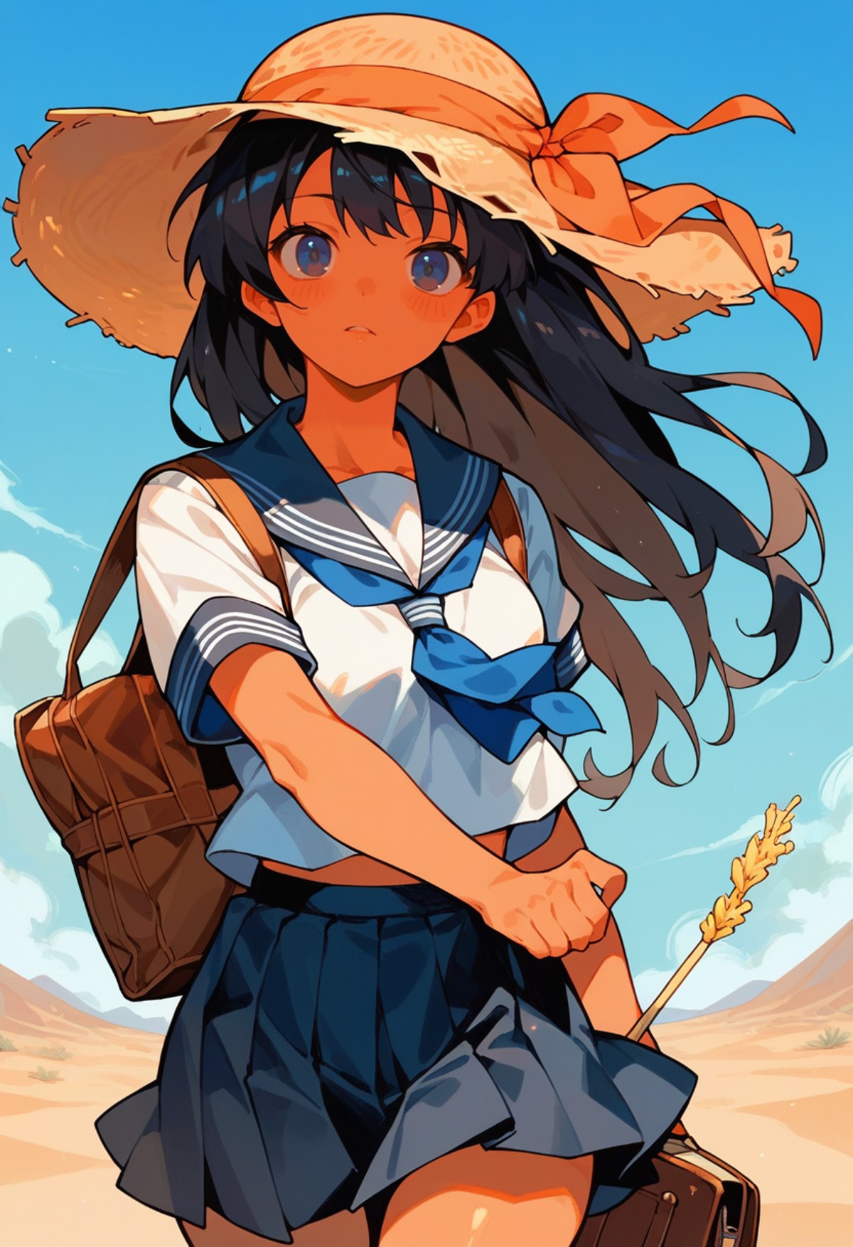 (score_9), score_8_up, highres, 1girl, anime, school uniform, straw hat, desert
