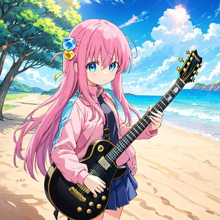 breathtaking,  1girl,bocchi,solo,holding guitar, portrait, pink hair,blue eyes,long hair,hair ornament, pink jacket,guitar, ahoge,
sand beach,sunlight,cloud sky,tree,
black miniskirt,  looking at viewer,<lora:bocchi_v4:1> . gorgeous,key visual, vibrant, studio anime,award-winning, professional, highly detailed,high budget, cinemascope