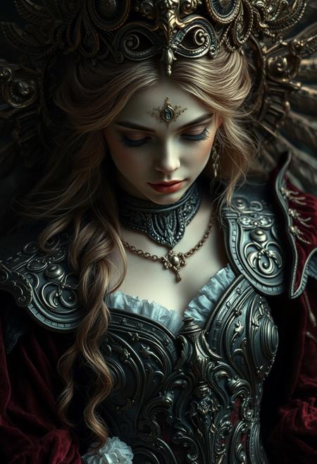Close Up shot, Ophelia's Dream, Close Up shot, goddess, beautiful girl, intricated armour, Velvet courtains, sad environment, poetic, Dark, melancholic, Epic, hyper detailed, ultra realistic, top dramatic lights, dynamic shadows