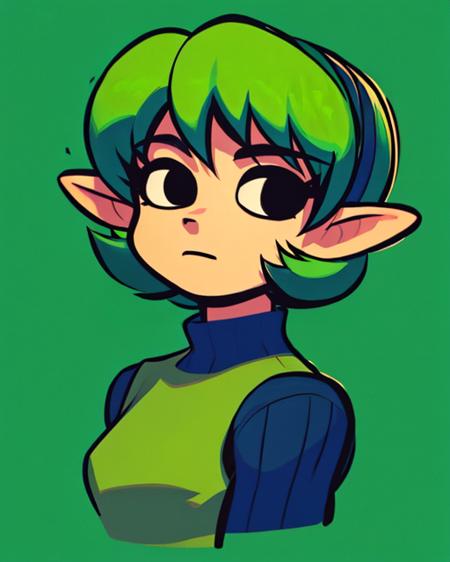 <lora:scottpilgrimvstheworld_v5_BryanLeeOMalley_Mix_3_7:1> scottpilgrimvstheworld, (black eyes:1.2), upper body, 1girl, solo, simple background, <lora:saria_v1:1> saria \(the legend of zelda\), green theme, (masterpiece, best quality:1.3),