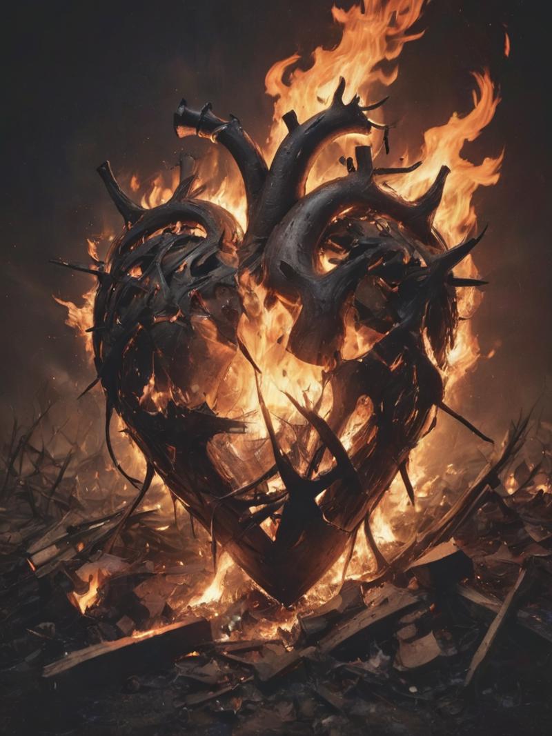 A fire burning around a heart sculpture made of bones and wood.