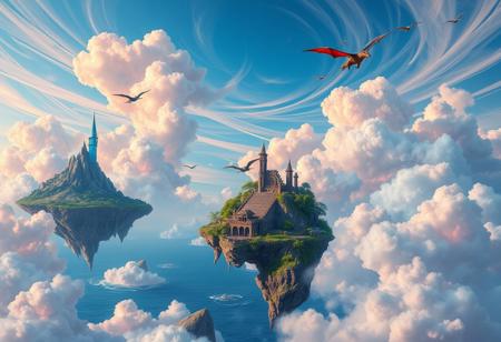 ((blue, orange, pink, sky)), clouds, swirling, 3 floating continent sized islands, the islands are floating high above the ocean, the islands are floating gracefully, crystals are floating in the sky around the islands, eastern dragons are flying between the islands,mountains on floating islands, massive forests on floating islands, jungle trees, vines, beautiful plants, ruins on floating islands, castle ruins, bridge ruins, tall spires on floating islands, crumbling spires, large crystals above spire, blue crystals , red crystals , floating crystals , crystals floating in sky, trees on floating, exposed earth underneath floating island, dragons flying in sky, dinosaurs on floating islands, jungle ruins, landscapes, eastern dragon, intricate details, background colourful, cloud streams, dynamic, vibrant colours, high quality, detailed, realistic, beautiful,