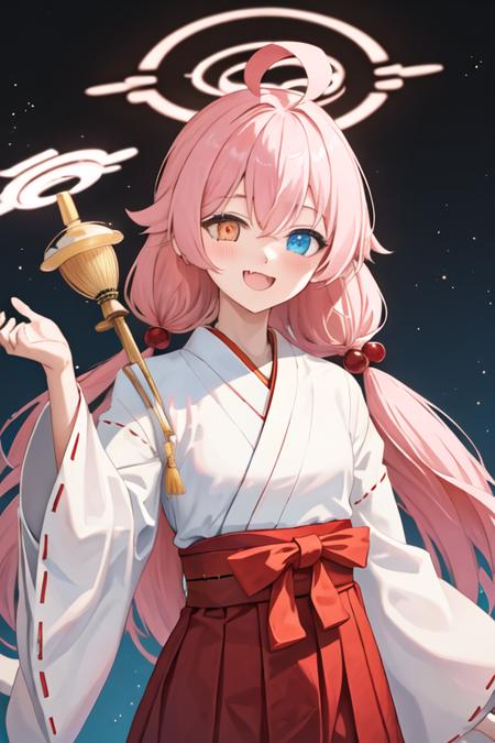 best quality, masterpiece, highres, solo, {white kimono:1.35}, {red hakama:1.35}, {wide sleeves:1.20}, {hoshino_bluearchive:1.15}, ahoge, pink_hair, long_hair, halo, bangs, blue_eyes, very_long_hair, yellow_eyes, heterochromia, open_mouth, blush, hair_between_eyes, smile, fang, necktie