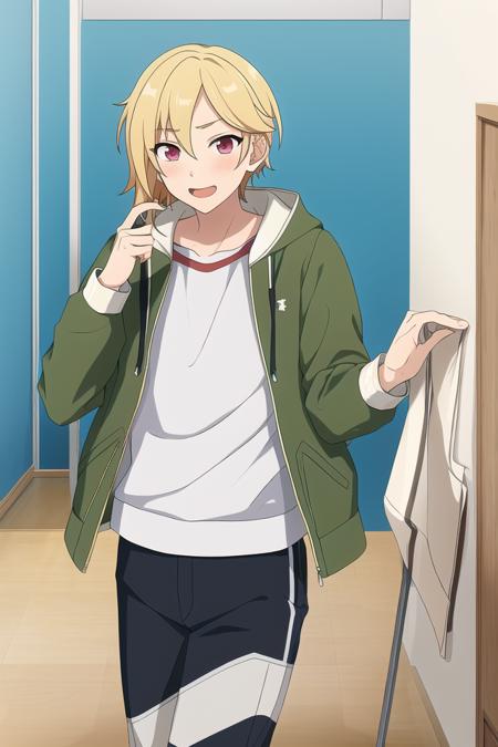 masterpiece, best quality, absurdres, cute, ultra-detailed, perfect anatomy, <lora:ensemble stars-000050:0.6>, indoors, nito nazuna, ensemble stars, solo, blonde hair, 1boy, jacket, pants