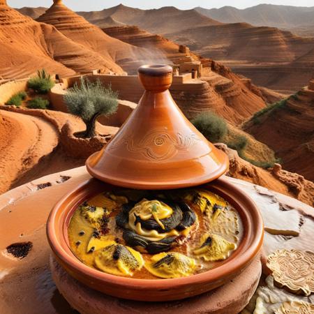 a surreal landscape where hills are shaped like tagine lids, ridges painted with turmeric yellows and burnt umber, rivers of olive oil cutting through soft terrain, occasional glints of embedded spice crystals, sky simmering in smoky orange tones, Tagine