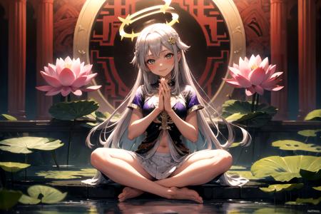 best quality, (vibrant colors:1.1), (silver:1.1), indian style, cross legged, mudra [meditation] BREAK 1girl, solo, folo focus, smile, blush, looking at viewer, silver hair ornament, (halo:1.2), lotus, lotus flower base, lotus pedestal, reflection