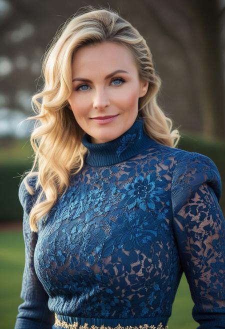 novuschroma53 style, European women, Large breasts, long hair, blond hair, older female, score_9, score_8_up, score_7_up, score_6_up, score_5_up, score_4_up, cose-up, face focus, upper body, semi side view, UHD, 8K, masterpiece, detailed, ultra_high_resolution, lots of detail, OverallDetailXL, detailxl, regalres, Masterpiece, 32k, photorealistic:1.4, score_9, score_8_up, score_7_up, Caitlin, (small waist:2.9), fitness body, toned muscles, wide hips, slender legs, high cheekbones, oval face, 27 years old, mature female, milf, makeup, curvy, garden, pretty face, SUPERMODEL, jewelry, solo, lillybunz, big bright eyes:, beautiful eyes, fully dressed, high turtle neck, straw winter coat, outdoors, hands hidden, short sleeves, hands behind the back, wrinkles, blonde, smiling, 1girl, blue eyes, closed dress, high neck closure, fully dressed, long dress, high collar, Victorian dress.