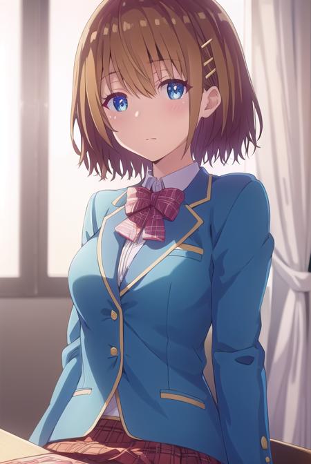 mizuhakiryuu, <lora:mizuha kiryuu s1-lora-nochekaiser:1>,
mizuha kiryuu, short hair, blue eyes, brown hair, hair ornament, hairclip,
BREAK skirt, bow, school uniform, jacket, plaid, plaid skirt, blazer,
BREAK indoors, classroom,
BREAK looking at viewer,
BREAK <lyco:GoodHands-beta2:1>, (masterpiece:1.2), best quality, high resolution, unity 8k wallpaper, (illustration:0.8), (beautiful detailed eyes:1.6), extremely detailed face, perfect lighting, extremely detailed CG, (perfect hands, perfect anatomy),