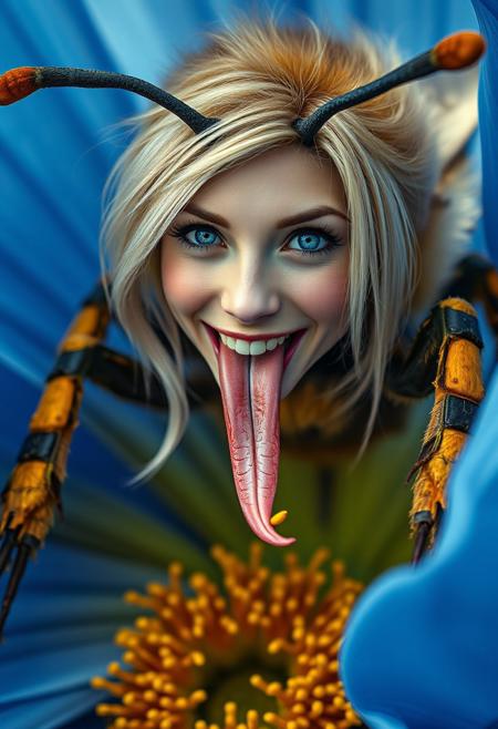 UHD sci-fi movie still, photograph, chimeric anthropomorphic bumblebee-woman with head of beautiful blonde smiling woman with blue eyes looking at viewer and long tongue licking pollen standing on six bee legs inside a gigantic blue flower, closeup, fantasy, sci-fi world, Stunning visuals, Texture, beautiful face features. Full body portrait
