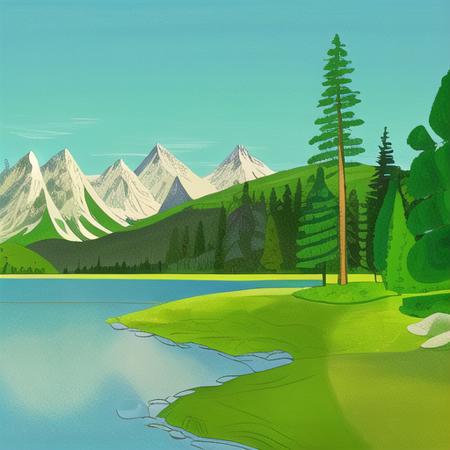 <lora:hannabarbera:1>hanna barbera, trees, green grass, lake, snowy mountain in the background, nature