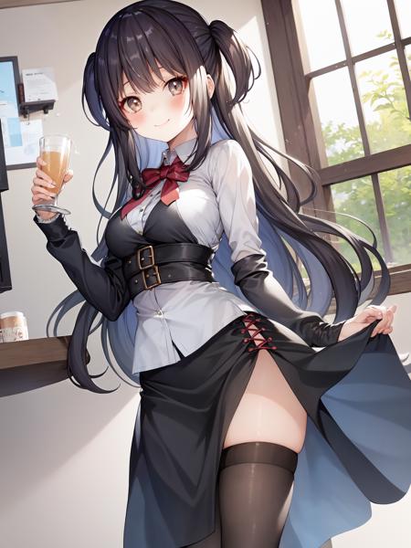 masterpiece, best quality, 1girl, <lora:exh2-000002:0.9>, solo, black hair, long hair, smile face, closed mouth, skirt, shirt, thighhighs, standing,