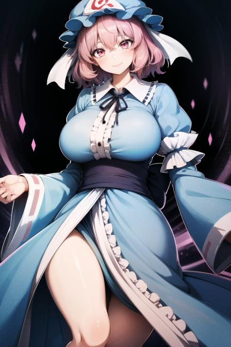 best quality,  <lora:Yuyuko:1> yuyuko, pink hair, saigyouji yuyuko, breasts, short hair, triangular headpiece, hat, solo, mob cap, looking at viewer, japanese clothes, large breasts, pink eyes, kimono, smile, blue headwear, blue kimono, long sleeves, bangs, frills, wide sleeves, hair between eyes