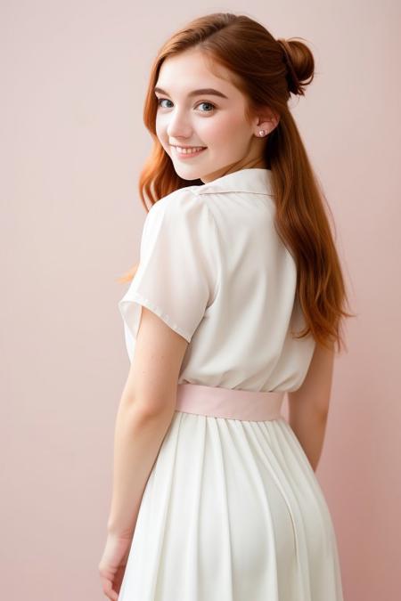 HD, perfect quality, 16k, very detailed,  a beautiful 21yo college girl with ginger hair in a bun, pale skin, wearing a toga, pink fleckes, green eyes, slim, detailed skin, hair behind ear, eyeshadow, smiling proudly, standing in front of pink background