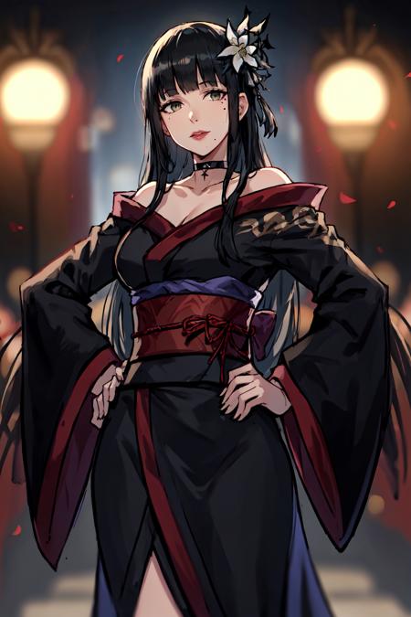 Yotsuyu FFXIV,  1girl,  bangs,  bat hair ornament,  black choker,  black hair,  black kimono,  blunt bangs,  blurry,  blurry background,  choker,  cowboy shot,  flower,  hair flower,  hair ornament,  hand on hip,  hyur,  japanese clothes,  kimono,  lips,  long hair,  looking at viewer,  mole,  mole under mouth,  obi,  off shoulder,  sash,  solo,  standing,  wide sleeves, <lora:EMS-49404-EMS:0.500000>