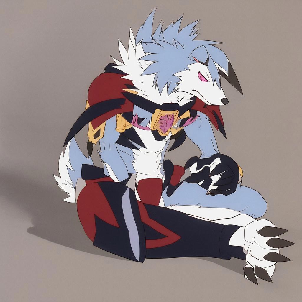 A kemono like version of a midnight lycanroc, young and hansome light blue fur color, white torso, perfect best quality 5 fingers in hands, 4toes feet paws, whithe feet claws, long wolf tail, light blue fur tail, white tip tail, best quiality, thin muscular body ,wearing greyfus armor, 8k resolution, anime style. perfect anatomy