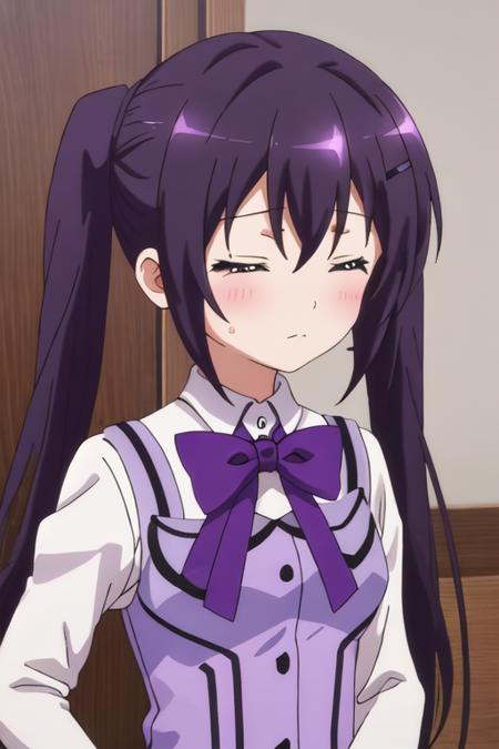 best quality, masterpiece, highres, solo, {tedeza_rize_istheorderarabbit:1.15}, purple_hair, long_hair, twintails, purple_eyes, bangs, hair_ornament, blush, hairclip, hair_between_eyes, closed_mouth, indoors, 1girl, closed_eyes, ponytail, sleeping, anime_coloring