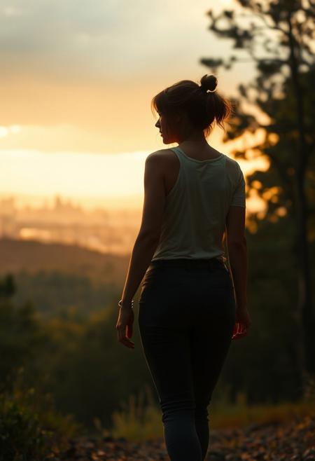 lone roguish female figure, walking away, glancing over shoulder, distant cityscape, transitioning from forest to urban environment, golden light of early morning or late afternoon, cinematic, journey progression, emotional warmth, subtle glance, candid, moment of doubt or hesitation, reflection on the journey, (forest in the background:1.2), city on the horizon, inviting introspection, natural light, dramatic lighting, depth of field, (captured naturally:1.2), (detailed background:1.3), (photorealism:1.4), 8k UHD, (blurry:-1.3), (lowres:-1.5), (ugly:-1.2), (mutated:-1.4), (worst quality:-1.4), (bad anatomy:-1.3), (cartoon:-1.1), (sketch:-1.1), (distorted proportions:-1.3), (extra limbs:-1.5), (cgi:-1.4), (extra characters:-1.5), (savanna:-1.4)