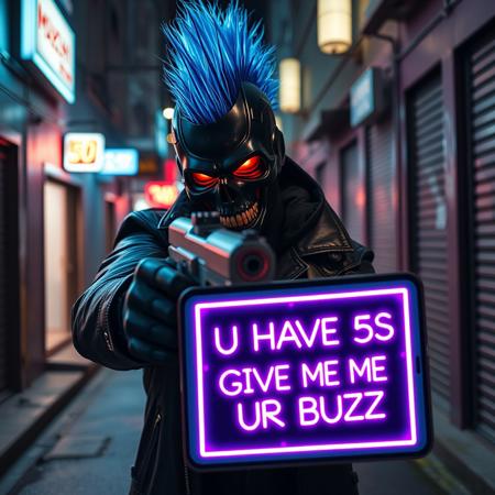Cyberpunk criminal with glowing blue glass fiber mohawk and black skull mask, glowing red eyes, glowing teeth, black leather coat, in cyberpunk street alley, aiming a futuristic gun at viewer showing futuristic ipad with neon text on it "U HAVE 5S TO GIVE ME UR BUZZ", neon lights, night, wet asphalt