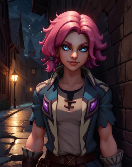 Meave.solo.short pink hair with a hair knot,slit pupils,
upper body,standing,light smile,
brick wall,nighttime,outside,in a circle of light,dark corners,
(insanely detailed, beautiful detailed face, masterpiece, best quality) fantasy,<lora:meave-10v7:0.8>,