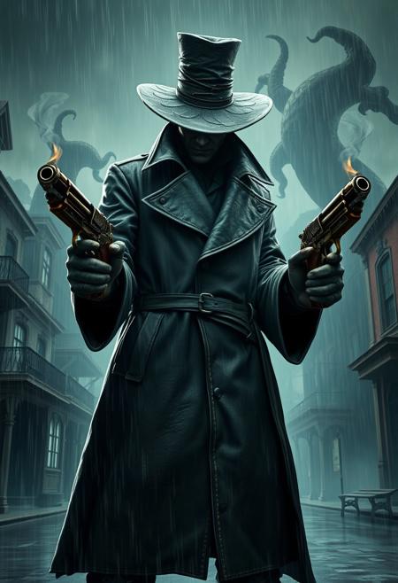 "Hyper-realistic depiction of a stylized bounty hunter boss, inspired by the dark, Gothic world of Bloodborne. The bounty hunter stands tall, clad in a worn, black trench coat and a large, battered hat, with a face obscured by shadows. Each hand grasps a smoking pistol, with intricate, ornate details and a hint of dark, otherworldly energy. The pistols seem to be imbued with a malevolent power, as if they're alive and feeding off the bounty hunter's will. The surrounding environment is a torrential downpour, with rain pouring down in sheets and creating a misty, eerie atmosphere. The bounty hunter stands at the center of a deserted, Victorian-era inspired street, with crumbling buildings and twisted, organic growths looming in the background. Style: extremely detailed, hyper-realistic, and darkly atmospheric, with a focus on capturing the eerie, unsettling essence of Bloodborne's world and the bounty hunter's imposing, mysterious presence."