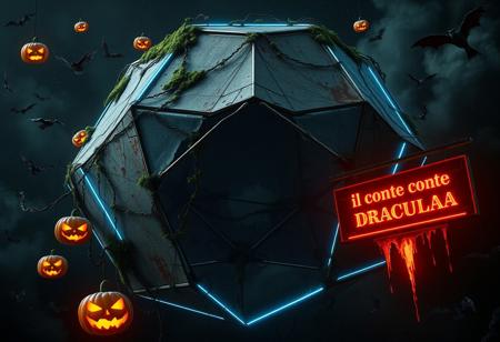 “A massive, decayed geodesic octagon structure floats ominously in the depths of outer space, with metallic panels corroded by dark green moss, rust, and slimy streaks. Flickering neon-blue lines trace the structure’s geometry, casting eerie shadows across its surface. Halloween-style pumpkins with menacing, carved faces drift around the octagon, each one glowing a haunting orange from within. Desiccated vines wrap around the structure, adding an organic, rotting touch. Suspended near the octagon, a glowing, vintage-style sign reads, ‘Buona sera, sono il conte Draculaaaaaaaaaa,’ in dripping, blood-red letters, adding a campy, gothic touch to the scene. Spectral bats swarm around, casting shadowy trails as they pass, while ghostly witches with tattered cloaks ride their broomsticks, leaving smoky mist behind. Nearby, a Dracula figure with a dramatic black cape floats ominously, his eyes glowing a deep red. The distant stars cast a faint, ghostly glow over the scene, while a swirling nebula of purples and oranges enhances the haunted, spacey vibe. Shot with Panavision optics, every detail is captured in ultra-realistic 8K, and Octane Render highlights every eerie texture and supernatural element, making for a spine-chilling, cinematic Halloween atmosphere.”