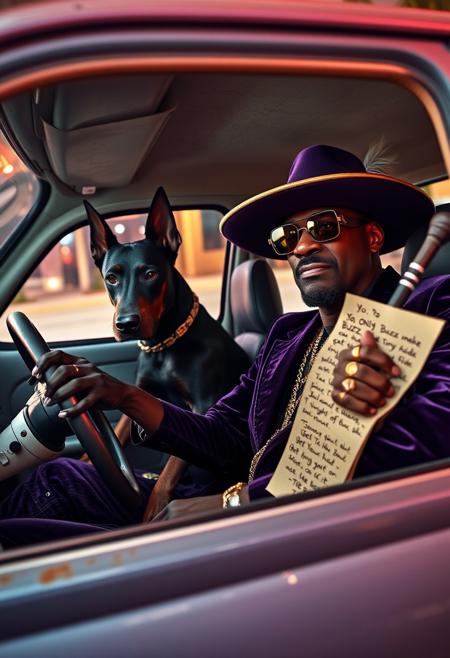 A fierce black Doberman with cropped ears, eyes sharp and intimidating, commands the driver’s seat of a tiny, vintage Fiat 500, gripping the steering wheel with the same deadly focus. Next to him, Snoop Dogg, in full pimp regalia, lounges with his effortless swagger, barely fitting in the cramped passenger seat. He’s decked out in a deep purple velvet suit with gold trim, a wide-brimmed hat with a feather, and dripping gold chains and rings, his cane propped awkwardly against the dashboard. In one hand, he holds a crumpled, slightly torn letter, its edges singed and stained. The letter reads in bold, messy handwriting:
"YO, ONLY BUZZ CAN MAKE THIS TINY RIDE FLY.  
TIME’S RUNNING OUT—GET YOUR HEAD STRAIGHT OR LOSE IT.  
-THE BOSS."
The Fiat’s interior is worn but stylish, with cracked leather seats and vintage details. Outside, a neon-lit Miami backdrop of palm trees and shadowy streets makes the little car look even more out of place, adding to the gritty, eccentric vibe. The scene is hyperrealistic, combining the cool, larger-than-life presence of Snoop with the quirky charm of the Fiat, in a highly detailed and textured setting full of rebellious energy.